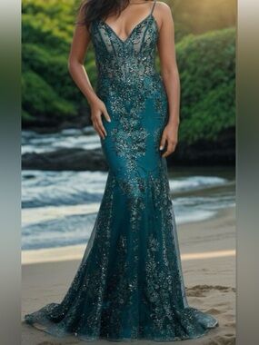PromGirl Emerald Green Shimmer
Long Corset-Style Prom Dress -
Size 4